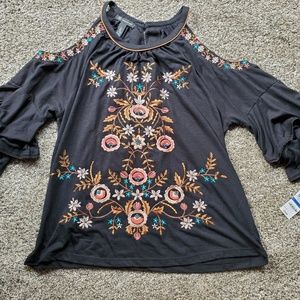 Black Open Shoulder Top with Beaded Embroidery